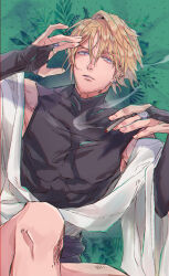  1boy black_shirt blonde_hair bridal_gauntlets cigarette commentary_request covered_pectorals earrings elbow_gloves facial_mark genjou_sanzou gloves grass highres holding holding_cigarette jewelry lailu looking_to_the_side lying male_focus on_back outdoors parted_lips pectorals saiyuki shirt short_hair sleeveless sleeveless_shirt solo teeth toned toned_male turtleneck 