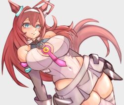  1girl ahoge animal_ears bare_shoulders blue_eyes breast_cutout breasts brown_hair closed_mouth commentary_request cowboy_shot detached_sleeves ear_ornament grey_hairband grey_leotard grey_skirt grey_sleeves hair_between_eyes hairband highleg highleg_leotard horse_ears horse_girl horse_tail horseshoe_ornament iko_(saikoro_k0702) large_breasts leotard long_hair looking_at_viewer lowleg lowleg_skirt mihono_bourbon_(mb-19890425)_(umamusume) mihono_bourbon_(umamusume) necktie necktie_overhang nigekiri_sisters_(umamusume) pink_necktie silver_hairband skirt solo tail thigh-highs tilted_headwear umamusume white_leotard 