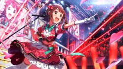  1girl :d amami_haruka audience breasts brown_hair card_commentary commentary_request concert game_cg gloves green_eyes heart holding holding_microphone_stand idol idol_clothes idolmaster idolmaster_(classic) idolmaster_million_live! idolmaster_million_live!_theater_days microphone microphone_stand official_alternate_costume official_art open_mouth outstretched_arm pointing puffy_short_sleeves puffy_sleeves red_skirt screen_zoom short_hair short_sleeves skirt smile solo_focus stage standing third-party_source white_gloves 