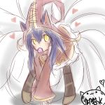  animal_ears candy cosplay fox_tail hat heart league_of_legends leaning_forward lollipop long_hair looking_at_viewer lulu_(league_of_legends) multiple_tails neko_baby pointy_ears purple_hair tail whiskers witch_hat yellow_eyes 