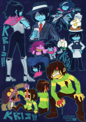  1boy 1girl 1other aizawa_sachi armored_boots artist_name black_bow black_bowtie black_hair black_hat blue_skin boots bow bowtie brown_pants character_name clenched_teeth collared_shirt colored_sclera colored_skin colored_teeth commentary_request cup dated deltarune electric_guitar furry furry_female furry_male green_shirt grin guitar hand_on_own_knee hat holding holding_cup holding_guitar holding_instrument horns instrument juice kris_(cooking_show)_(deltarune) kris_(dark_world)_(deltarune) kris_(deltarune) kris_(gangster)_(deltarune) kris_(lightners_live)_(deltarune) long_sleeves mouth_pull music necktie no_eyes pants pinstripe_pattern pinstripe_suit playing_guitar playing_instrument purple_hair purple_skin ralsei red_eyes red_necktie shaded_face shirt smile soul_(deltarune) suit susie_(dark_world)_(deltarune) susie_(deltarune) teeth utdr_(toby_fox) white_shirt yellow_sclera yellow_skin yellow_teeth 