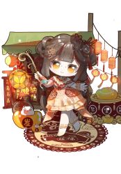  1girl ankle_socks back_bow bead_bracelet beads blunt_bangs bow bracelet brown_hair chibi chinese_commentary chinese_hairpin chinese_new_year chinese_zodiac closed_mouth coin collar commentary_request dress eyelashes flower food_stand frilled_dress frilled_socks frilled_wrist_cuffs frills gold_coin hair_flower hair_ornament hair_rings happy highres holding holding_lantern holed_coin infinity_nikki jewelry lantern light_blush long_hair looking_at_viewer low_twintails medium_dress nikki_(series) orange_bow orange_dress orange_wrist_cuffs paper_lantern perfect_moment_(infinity_nikki) shenmiguaijiaotu simple_background sleeveless sleeveless_dress smile socks solo standing tassel tassel_hair_ornament twintails variant_set very_long_hair white_background white_collar white_socks wrist_cuffs year_of_the_horse yellow_eyes yuanbao yunjian 