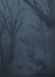 absurdres antlers creature elid_(girls'_frontline) fog forest girls_frontline highres horns horror_(theme) monster moose nature night silhouette tagme user_xmfv3428 
