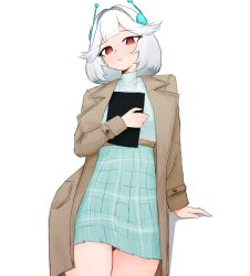  1girl 22foxulf aqua_skirt blush brown_coat closed_mouth coat cowboy_shot ellie_minibot eyelashes hair_intakes hashtag-only_commentary headset highres holding indie_virtual_youtuber leaning medium_hair open_clothes open_coat red_eyes shadow shirt simple_background skirt solo virtual_youtuber white_background white_hair white_shirt 