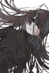  1girl ahoge aimi_(mimi_nii2) arms_at_sides black_sweater blunt_bangs breasts brown_eyes brown_hair dutch_angle empty_eyes hair_spread_out heterochromia highres impossible_clothes impossible_sweater long_hair long_sleeves looking_at_viewer lying messy_hair mole mole_under_mouth on_back original parted_lips sidelocks simple_background small_breasts solo straight-on straight_hair sweater turtleneck turtleneck_sweater upper_body very_long_hair white_background white_eyes 