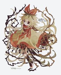  1girl black_eyes black_socks blonde_hair bow bramblin brown_cloak cloak commentary_request full_body hair_bow hibi89 long_hair looking_at_viewer personification pokemon red_bow red_pupils red_scarf scarf simple_background socks solo standing thorns toeless_socks white_background 
