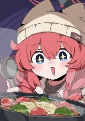  +_+ 1girl beanie blue_archive blue_eyes blush braid commentary_request food food_request hair_between_eyes halo hat holding holding_spoon jacket long_hair maki_(blue_archive) maki_(camp)_(blue_archive) open_clothes open_jacket open_mouth pusen_(puuu_sen555) red_hair simple_background solo spoon steam upper_body yellow_hat 