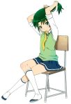  adjusting_hair arms_up chair crossed_legs green_eyes green_hair legs_crossed mattaku_mosuke midorikawa_nao mouth_hold precure ribbon school_uniform shoes simple_background sitting sleeves_rolled_up smile_precure! socks solo sweater_vest uwabaki vest white_background yellow_ribbon 