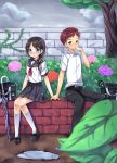  1boy 1girl amemiya_ruki black_hair blue_eyes blush couple flat_chest flower hetero highres hydrangea original school_uniform serafuku sitting umbrella 