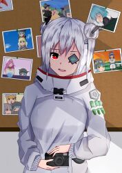  1girl absurdres camera commentary_request double_bun grey_hair hair_bun heaven_burns_red highres holding holding_camera kanzaki_adelheid looking_at_viewer maruyama_kanata ogasawara_hisame photo_(object) red_eyes sakuraba_seira satsuki_mari short_hair tarabagani_(tarabaganidaze) tenne_miko vial yamawaki_bon_ivar 