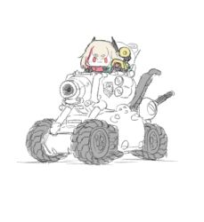  1girl :3 banana_(girls'_frontline) blonde_hair blush dinergate_(girls'_frontline) girls_frontline m4_sopmod_ii_(girls'_frontline) metal_slug military_vehicle motor_vehicle red_eyes robot sv001_(metal_slug) tank user074519 white_background 