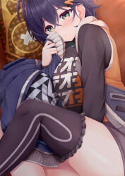  1girl belle_(zenless_zone_zero) between_legs black_shirt blue_eyes blue_hair blush breasts commentary_request earrings hair_between_eyes hair_ornament hairclip hand_between_legs hand_up hood hooded_jacket jacket jewelry knee_up light_frown medium_breasts medium_hair natsu_(927013) open_clothes open_jacket print_shirt shirt solo thigh-highs thighs zenless_zone_zero 