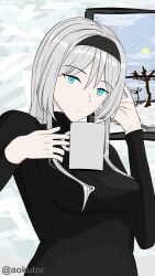  1girl absurdres alternate_breast_size_(larger) alternate_costume alternate_hair_color an-94_(girls'_frontline) aokutor aqua_eyes arm_behind_head black_hairband black_sweater breasts closed_mouth commentary cup english_commentary girls_frontline grey_hair hairband highres holding holding_cup light_smile long_hair long_sleeves looking_at_viewer medium_breasts merry_christmas sidelocks simple_background solo standing sweater twitter_username upper_body window winter 
