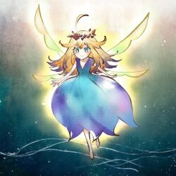 1girl blonde_hair blue_dress blue_eyes edit fairy fairy_bell_(mhakna_gramura_and_fairy_bell) fairy_wings flower_crown glowing long_hair mhakna_gramura_and_fairy_bell petite sleeveless smile solo_focus wings