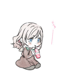  1girl aqua_neckerchief black_pantyhose blue_eyes blush_stickers brown_dress ceras_yanagida_lilienfeld closed_mouth commentary_request dress drink_carton drinking hair_ribbon hasu_no_sora_school_uniform holding holding_drink_carton link!_like!_love_live! long_sleeves love_live! miyake_miu neckerchief pantyhose pink_ribbon ribbon sailor_collar sailor_dress school_uniform shinanoya_(satanicad) short_eyebrows smile solo v-shaped_eyebrows virtual_youtuber voice_actor_connection white_hair white_sailor_collar winter_uniform 