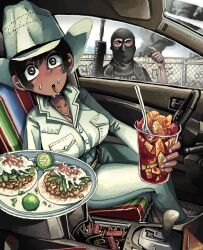  1boy 1girl absurdres balaclava black_eyes black_hair blush breasts car_interior cigarette cowboy_hat cup dark-skinned_female dark_skin disposable_cup disposable_fork facial_tattoo food fork fruit hat highres holding holding_cup holding_plate jewelry large_breasts lime_(fruit) liskim marlboro necklace nervous_sweating original pants plate shirt short_hair sitting smokestack smoking sweat taco tattoo white_hat white_pants white_shirt 