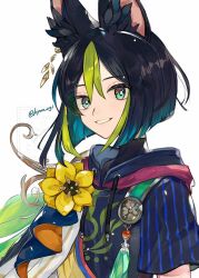  1boy animal_ear_fluff animal_ears artist_name asymmetrical_sleeves black_hair black_shirt blunt_ends bob_cut brown_eyes cape commentary_request drawstring earrings flower fox_boy fox_ears genshin_impact gold_earrings green_cape green_eyes green_hair grin hair_between_eyes highres hood hood_down hoodie jewelry long_sleeves looking_at_viewer male_focus mugi_(kyom_ugi) multicolored_eyes multicolored_hair multicolored_hoodie parted_lips shirt short_hair short_sleeves simple_background single_earring smile solo streaked_hair tassel tighnari_(genshin_impact) turtleneck twitter_username two-tone_eyes uneven_sleeves upper_body watermark white_background yellow_flower 