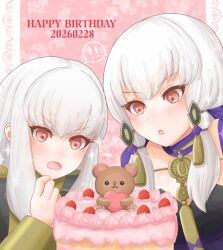  ! !! 2girls :o birthday_cake blush cake commentary_request dated detached_collar dress dual_persona fire_emblem fire_emblem:_three_houses food garreg_mach_monastery_uniform happy_birthday long_hair lysithea_von_ordelia lysithea_von_ordelia_(timeskip) multiple_girls open_mouth pink_eyes time_paradox white_hair yuurifeh 