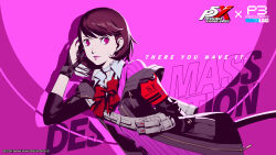 1girl absurdres all-out_attack armband arrow_(projectile) atlus black_jacket bow bow_(weapon) bowtie cardigan cardigan_under_jacket choker collared_shirt company_name copyright_name earrings english_text gekkoukan_high_school_uniform gloves gradient_background heart heart_choker highres holding holding_arrow holding_bow_(weapon) holding_weapon hood hooded_jacket jacket jewelry long_sleeves looking_at_viewer official_art official_wallpaper partially_fingerless_gloves persona persona_3 persona_3_reload persona_5 persona_5:_the_phantom_x piercing pink_background pink_cardigan pink_eyes pink_theme quiver red_armband ribbed_cardigan s.e.e.s school_uniform sega shimada_azusa shirt short_hair single_glove smile solo stud_earrings takeba_yukari third-party_source weapon white_choker white_shirt yugake 