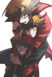  3boys age_comparison age_difference arm_around_neck arm_around_shoulder behind_another black_coat black_pants black_shirt brown_eyes brown_hair closed_eyes coat duel_academy_uniform_(yu-gi-oh!_gx) empty_eyes expressionless hair_slicked_back happy hug interlocked_fingers leaning_on_person male_focus multiple_boys novale110 open_clothes open_coat open_mouth pants partially_shaded_face popped_collar red_coat school_uniform shaded_face shirt white_background yu-gi-oh! yu-gi-oh!_gx yuki_judai 