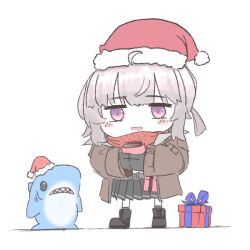  1girl blush chibi cup gift girls_frontline hat hot_chocolate m200_(girls'_frontline) mug pink_hair santa_hat skirt stuffed_animal stuffed_toy user074519 violet_eyes white_background 