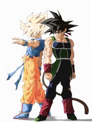  2boys absurdres armor bardock broken_armor dragon_ball dragon_ball_z father_and_son highres male_focus monkey_boy monkey_tail multiple_boys pato007711 saiyan saiyan_armor scar scar_on_cheek scar_on_face scouter son_goku spiky_hair super_saiyan super_saiyan_1 tail 