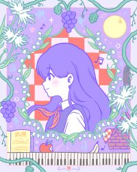 1girl apple banana bitten_apple bitten_food bitten_fruit blush book chair checkered checkered_background closed_mouth collared_shirt commentary diamond_(shape) english_commentary eye flower food from_side fruit grape heart highres mari_(headspace)_(omori) mari_(omori) musical_note omocat omori open_book piano picnic_basket planet plant purple_hair sparkle spider spoon white_flower