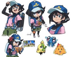  1girl anger_vein angry aqua_trim backpack bag baseball_cap bird black_gloves black_hair black_leggings black_sleeves blue_bag blue_gloves blue_hat browt closed_mouth colored_shoe_soles commentary dog double-parted_bangs english_commentary female_protagonist_(pokemon_ww) fingerless_gloves food free_fire game_screenshot_inset gecko gecqua gloves grey_eyes hat hat_tip highres holding holding_bag holding_food holding_phone layered_sleeves leggings long_sleeves medium_hair meme multicolored_gloves multiple_expressions multiple_memes multiple_views notus_49 open_mouth phone pink_shirt pleading_eyes pokemon pokemon_(creature) pokemon_ww pombon rotom rotom_phone screenshot_inset shirt shoes short_over_long_sleeves short_sleeves simple_background smile sneakers speech_bubble starter_pokemon_trio swept_bangs the_rock's_eyebrow_raise_(meme) turtleneck turtleneck_shirt two-tone_gloves upturned_eyes white_background white_shoes 