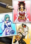  absurdres adapted_costume bare_shoulders black_hair blonde_hair blue_eyes bouquet bow breasts cleavage detached_sleeves dress film_reel film_strip flower fountain_pen frog_hair_ornament green_hair grin hair_bow hair_ornament hair_tubes hakurei_reimu hat highres hozenkakari kirisame_marisa kochiya_sanae long_hair miko multiple_girls pen photo_(object) red_eyes smile snake thigh-highs thighhighs touhou veil wedding_dress white_legwear yellow_eyes 