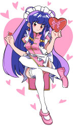  1girl absurdres apron bell box china_dress chinese_clothes double_bun dress earrings hair_bell hair_bun hair_ornament heart heart-shaped_box heart_earrings highres jewelry long_hair maid_apron maid_headdress pink_dress pink_shoes purple_hair ranma_1/2 red_eyes shampoo_(ranma_1/2) shoes sidelocks solo thigh-highs white_apron white_background white_thighhighs yaha0079 
