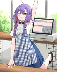  1girl absurdres ahoge apron aqua_pupils arm_at_side arm_support arm_up black_shoes blue_bow blue_bowtie blue_skirt bow bowtie braid braided_twintails bright_pupils commentary_request counter day diagonal-striped_bow grimace hair_bow highres indoors iroha_nanairo_(urushiushiru) kobeya_uniform leg_up long_hair monitor one_eye_closed original plaid_apron plaid_clothes purple_hair red_eyes shirt shoes short_sleeves skirt solo standing striped_bow twin_braids urushiushiru v-shaped_eyebrows white_bow white_shirt window 