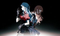  2girls absurdres ascot back-to-back bang_dream! bang_dream!_it's_mygo!!!!! black_ascot black_background black_corset black_mask black_ribbon blue_hair blue_serafuku blue_shirt blue_skirt brown_hair closed_eyes closed_mouth corset cowboy_shot from_side guling_zer0 hair_ribbon highres holding holding_mask long_hair long_sleeves mask masquerade_mask multiple_girls nagasaki_soyo oblivionis_(bang_dream!) profile puffy_short_sleeves puffy_sleeves red_shirt ribbon school_uniform serafuku shirt short_sleeves sidelocks skirt standing togawa_sakiko tsukinomori_school_uniform two_side_up winter_uniform 