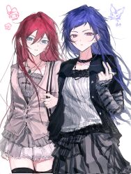  2girls bead_necklace beads between_fingers black_jacket black_skirt black_thighhighs blue_eyes blue_hair brown_shirt choker cigarette collarbone commentary corrupted_twitter_file cross cross_necklace ear_piercing earrings ensemble_stars! fashion fushimi_yuzuru genderswap genderswap_(mtf) glasses hair_between_eyes hand_up highres holding jacket jewelry kuromi lace lace_choker long_hair long_skirt long_sleeves mole mole_under_eye multiple_girls my_melody my_melody_(series) necklace piercing pink_eyes pink_jacket puffy_short_sleeves puffy_sleeves red_hair saegusa_ibara sanrio shirt short_bangs short_sleeves sidelocks simple_background skirt stud_earrings sujnsh1 thigh-highs untranslatable_commentary white_background white_shirt white_skirt y2k_fashion 