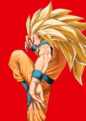  1boy a_(mitei7926) dougi dragon_ball dragon_ball_z highres male_focus orange_pants pants saiyan solo son_goku spiky_hair super_saiyan super_saiyan_3 