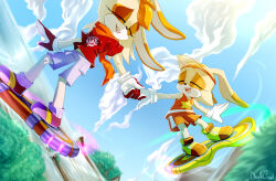  2girls age_difference alternate_costume animal_ears artist_name closed_eyes commentary commission cream_the_rabbit cream_the_rabbit_(riders) dark_crowl english_commentary floral_print furry furry_female gloves holding_hands hoverboard mother_and_daughter multiple_girls navel open_mouth orange_hair orange_scarf orange_shoes orange_shorts orange_tank_top purple_shorts rabbit_ears rabbit_girl red_gloves red_shirt scarf shirt shoes shorts sky smile sonic_(series) sonic_riders_(series) star_(symbol) star_print tank_top vanilla_the_rabbit visor_cap white_gloves yellow_fur 