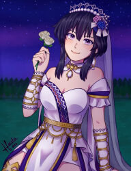  1girl black_hair bridal_veil bride choker dress earrings fire_emblem fire_emblem:_genealogy_of_the_holy_war fire_emblem_heroes flower hair_flower hair_ornament haruhana_gacha highres holding holding_flower jewelry larcei_(bride_of_astra)_(fire_emblem) larcei_(fire_emblem) moon night outdoors pelvic_curtain rose short_hair sidelocks sky smile solo star_(sky) starry_sky strapless strapless_dress thigh-highs tiara tree vambraces veil violet_eyes wedding_dress white_flower white_rose 