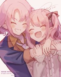  1girl 1other 2024 :3 :d \||/ ^_^ absurdres affectionate akiyama_mizuki akiyama_yuuki artist_name blue_jacket blush bow center_frills closed_eyes collared_shirt colorful_festival_(project_sekai) commentary_request dated dot_nose drill_hair frilled_sleeves frills grin hair_bow hand_on_another's_arm hand_on_another's_hand hands_up harukaze_suzu heart high_side_ponytail highres hug hug_from_behind jacket long_hair long_sleeves necktie open_clothes open_jacket open_mouth orange_shirt pink_hair project_sekai puffy_long_sleeves puffy_sleeves raised_inner_eyebrows red_bow shirt short_hair siblings side_drill side_ponytail sidelocks simple_background smile striped_clothes suspenders swept_bangs three-quarter_sleeves tongue twitter_username upper_body v-shaped_eyebrows vertical-striped_clothes watermark white_background white_necktie white_shirt 