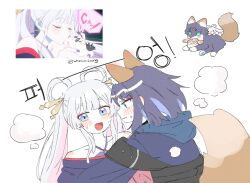  2girls :3 animal_ears animalization bare_shoulders black_hair blue_eyes blue_hair blue_nails blush cho_kaguya-hime! closed_eyes commentary_request ear_blush face-to-face forehead_jewel fox fox_ears fox_tail fushi_(cho_kaguya-hime!) green_eyes highres kaguya_(cho_kaguya-hime!) kiss korean_commentary looking_at_another multicolored_eyes multicolored_hair multiple_girls pink_hair rabbit reference_inset runami_yachiyo sakayori_iroha shoulder_blush smoke solid_circle_eyes sweat tail twitter_username two-tone_hair upper_body violet_eyes wheloo3rd white_background white_hair yuri 