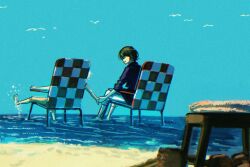  2girls alternate_universe ariane_yeong beach black_hair blue_jacket blue_sky couple covered_face day elster_(signalis) from_behind highres holding_hands horizon humanization jacket kani_(kaniya) multiple_girls ocean open_mouth outdoors short_hair signalis simple_background sitting sky soaking_feet splashing water yuri 