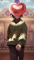  1other absurdres alternate_skin_color androgynous balloon black_pants brown_hair collared_shirt commentary covered_eyes deltarune english_commentary flower green_sweater heart_balloon highres holding holding_balloon kris_(deltarune) long_sleeves other_focus pants shirt short_hair solo standing striped_clothes striped_sweater sweater twitter_username two-tone_sweater upper_body utdr_(toby_fox) yellow_flower yellow_sweater yoshino_(q_sci) 