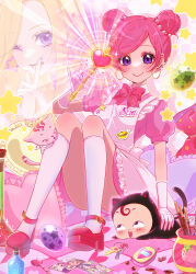  2girls absurdres apron avata_star_sue bin_(avata_star_sue) blonde_hair bottle cat cellphone character_request commentary double_bun dress dual_persona earrings egg flip_phone hair_bun heart highres holding holding_wand hoop_earrings jewelry key korean_commentary magical_girl multiple_girls name_tag one_eye_closed phone photo_(object) pink_dress pink_hair puffy_short_sleeves puffy_sleeves red_shoes semi852 shoes short_hair short_sleeves sitting smile socks sue_(avata_star_sue) violet_eyes waitress wand white_apron white_socks 