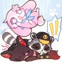  ! !! >_< @_@ animal_hands animalization baseball_cap brown_fur cat chinese_commentary commentary_request falling flower fluffy_tail ganleneng grey_fur hat honkai:_star_rail honkai_(series) march_7th_(honkai:_star_rail) multicolored_eyes neckerchief pink_eyes pink_fur rabbit raccoon sparkle_(honkai:_star_rail) sweatdrop symbol-shaped_pupils trailblazer_(honkai:_star_rail) two-tone_eyes 