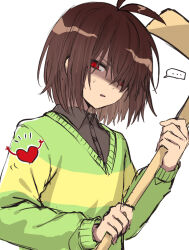  ... 1other alternate_skin_color antenna_hair black_shirt brown_hair buttons collared_shirt commentary_request deltarune from_below green_sweater hair_over_one_eye heart holding kris_(deltarune) looking_at_viewer mitorizu_02 one_eye_covered other_focus pale_skin red_eyes shaded_face shirt short_hair sideways_glance simple_background solo soul_(deltarune) speech_bubble spoken_ellipsis striped_clothes striped_sweater sweatdrop sweater two-handed two-tone_sweater upper_body utdr_(toby_fox) v-neck white_background yellow_sweater 