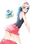  bare_shoulders blue_eyes blue_hair blush hat hikari_(pokemon) looking_at_viewer nakasone_haiji piplup pokemon pokemon_(game) pokemon_dppt skirt solo white_background 
