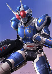  1boy 2020 armor black_bodysuit blue_armor blue_helmet bodysuit commentary_request gun helmet highres holding holding_gun holding_weapon kamen_rider kamen_rider_agito_(series) kamen_rider_g3-x kyo_k multicolored_armor power_armor radio_antenna red_eyes rider_belt shoulder_armor signature silver_armor silver_trim solo tokusatsu weapon 