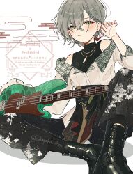  1girl bass_guitar black_boots black_pants black_shirt black_socks blush boots closed_mouth commentary_request crossed_bangs earrings egasumi elbow_rest fender_precision_bass green_eyes grey_hair grey_jacket hair_behind_ear hair_between_eyes hakama hakama_pants highres hinomori_shiho instrument jacket japanese_clothes jewelry kawaranu_atatakasa_no_tonari_de_(project_sekai) key_(pokapoka_ofton) knee_up long_sleeves looking_at_viewer nail_polish necklace off-shoulder_jacket off_shoulder official_alternate_costume official_alternate_hairstyle origami pants paper_crane pink_nails project_sekai seigaiha shippou_(pattern) shirt short_hair simple_background sitting sleeve_rolled_up sleeveless sleeveless_shirt socks solo translation_request tucking_hair turtleneck turtleneck_shirt twitter_username watermark white_background 