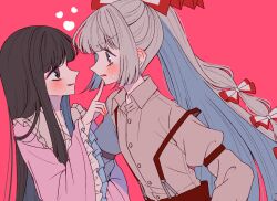  2girls blush bow brown_hair collared_shirt commentary_request eye_contact frilled_shirt_collar frilled_sleeves frills fujiwara_no_mokou grey_hair grey_shirt hair_bow hand_on_another's_face highres houraisan_kaguya long_hair long_sleeves looking_at_another multiple_girls multiple_hair_bows open_mouth pants pink_shirt ponytail red_eyes red_pants shirt smile suspenders sweatdrop tamiko_(tamik0224) touhou very_long_hair wide_sleeves yuri 