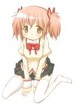  1girl blush bow hair_ribbon highres kaname_madoka mahou_shoujo_madoka_magica no_shoes pink_eyes pink_hair ribbon short_hair sitting skirt smile solo thighhighs tsubaki_(tatajd) twintails wariza white_legwear 