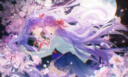  2girls bb_(fate) bb_(fate/extra) black_coat black_skirt cherry_blossoms coat dark_background fate/extra fate/extra_ccc fate_(series) hair_ribbon hashtag-only_commentary highres holding_hands long_hair long_sleeves matou_sakura matou_sakura_(fate/extra) minamisakura011 moon multiple_girls neck_ribbon parted_lips petals pink_petals purple_hair red_ribbon ribbon shirt skirt smile thigh-highs violet_eyes white_coat white_shirt 