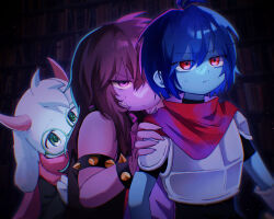  1boy 1girl 1other alternate_eye_color androgynous antenna_hair armor black_bodysuit blue_eyes blue_skin bodysuit book bookshelf bracelet cape colored_skin commentary_request cuirass deltarune furry furry_female furry_male glasses green-framed_eyewear green_eyes hair_between_eyes hand_on_another's_shoulder highres horns jewelry kris_(dark_world)_(deltarune) kris_(deltarune) long_hair long_sleeves parted_lips pink_eyes pink_scarf purple_hair purple_skin ralsei red_cape red_eyes round_eyewear scarf sharp_teeth short_hair short_sleeves spiked_bracelet spikes susie_(deltarune) sweatdrop teeth the_fun_gang utdr_(toby_fox) yoshino_(q_sci) 